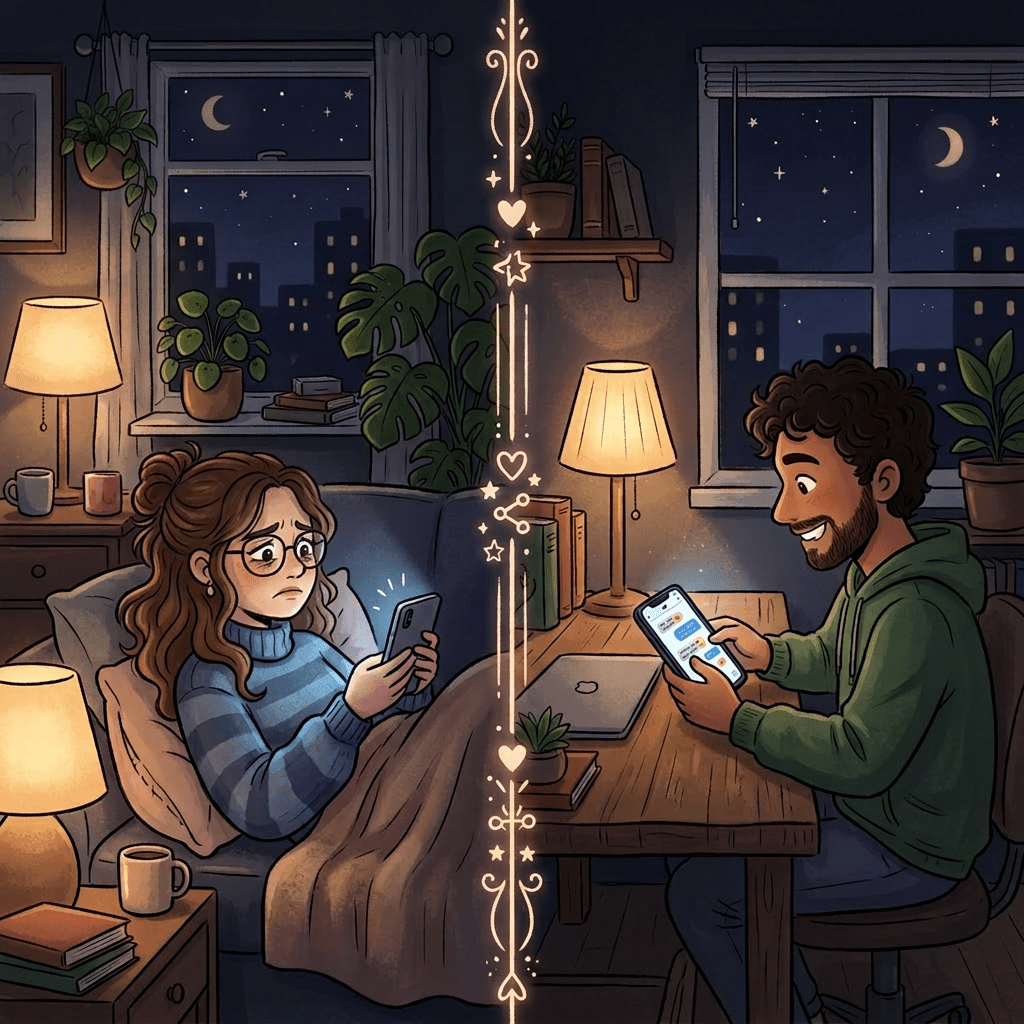 A woman and a man smiling while texting on their phones in separate night-time rooms.