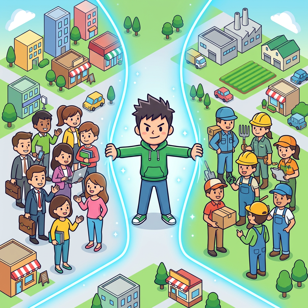 Cartoon person holding glowing boundary between two groups
