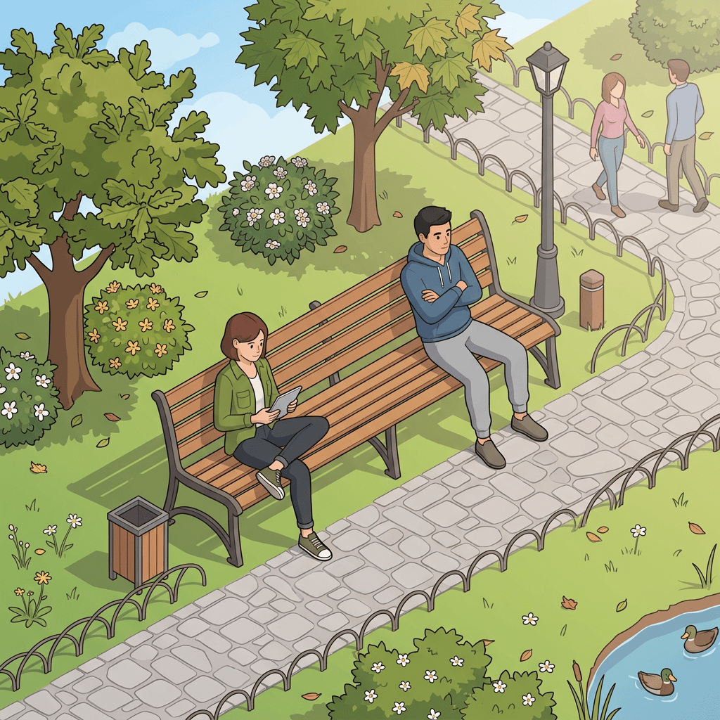 Young man and woman seated on park bench by pond with ducks