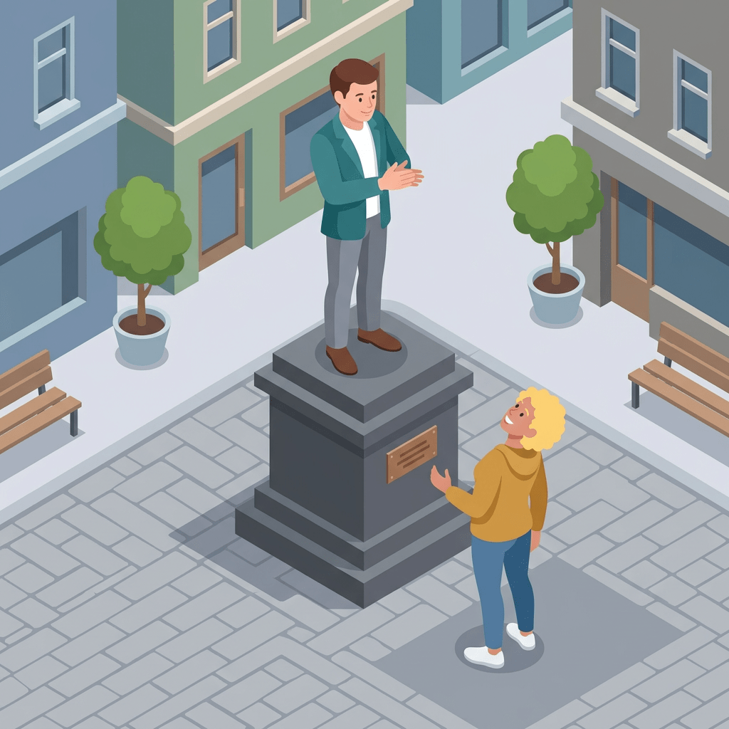 Person watching and engaging with a virtual man on a statue pedestal outdoors