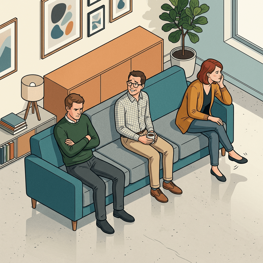 Three adults sitting on a couch with one man upset, one man smiling holding a cup, and one woman looking away anxiously