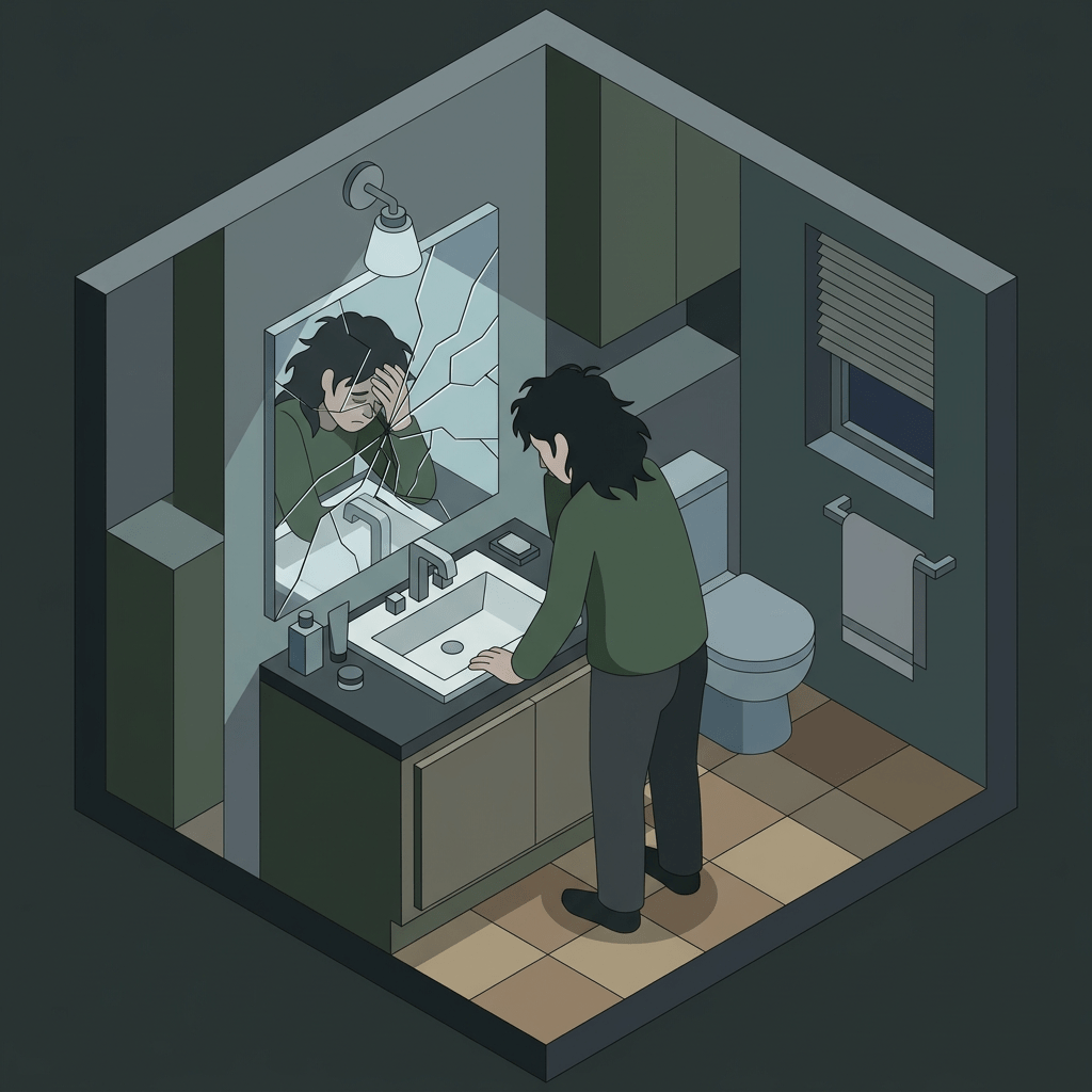 Person leaning on a bathroom sink, holding their head in distress reflected in a cracked mirror